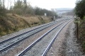 The approach to Yate Station from the south. The junction is for what remains of the ex-Midland railway line to Bristol, a short run of line to an oil depot at Westerleigh.