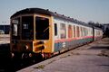 The Derby Lightweight Ultrasonic Test Train stands in the fish dock area of Temple Meads on the late 1980s.