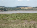Looking across the River Severn and several large chunks of bridge are still lying in the mud.