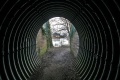 Under the railway with a disused canal basin visible through the arch.