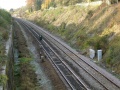 The view towards Nailsea from the footbridge. The remains of buildings of the second Flax Bourton station are visible in the distance.