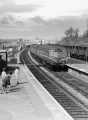 The view from Ashley Hill station looking up with Ashley Hill signal box in distance. DMU on down relief, Cattle train on down main. © Peter Rendall